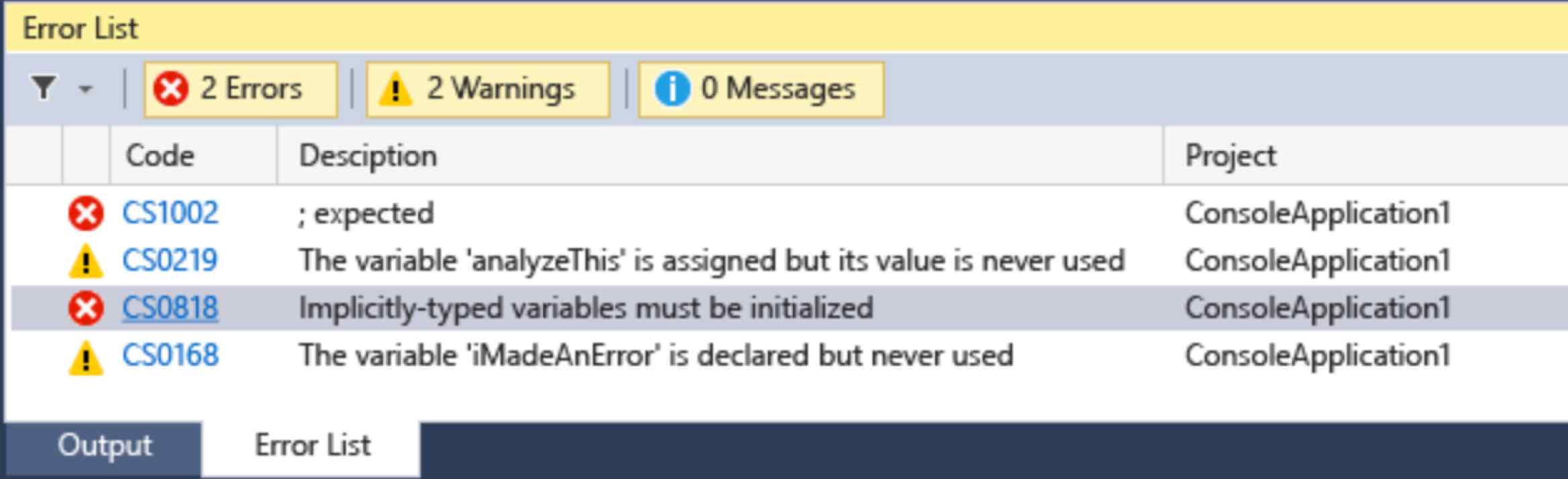 ErrorList Screenshot of error list